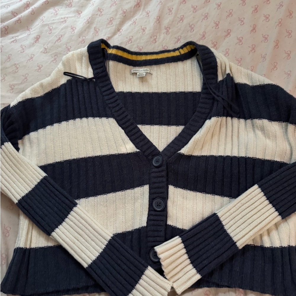 American Eagle Outfitters Navy and Cream Striped Cardigan